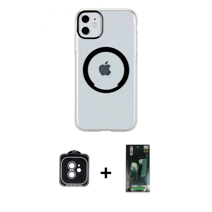 MARSİLYAN™- iPhone 11 Kılıf Pusula Form - Şeffaf 360 Full Body Arka Koruyucu + PVD Metal Kamera Lens - MI