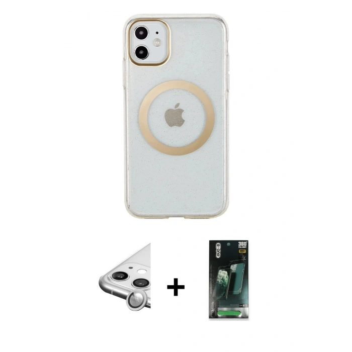 MARSİLYAN™- iPhone 11 Kılıf Pusula Form - Şeffaf 360 Full Body Arka Koruyucu + Raze Metal Kamera Lens - GS
