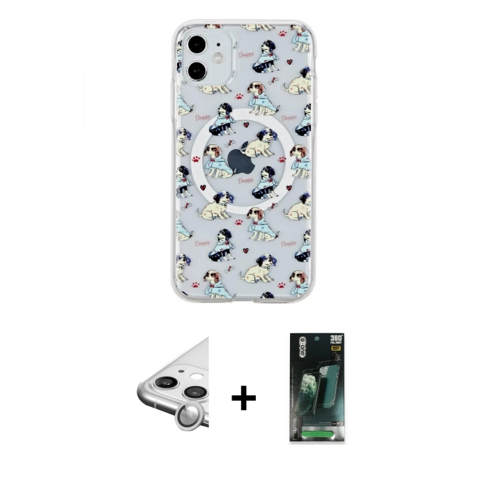 MARSİLYAN™- iPhone 11 Kılıf Pusula Form - Şeffaf 360 Full Body Arka Koruyucu + Raze Metal Kamera Lens - GS