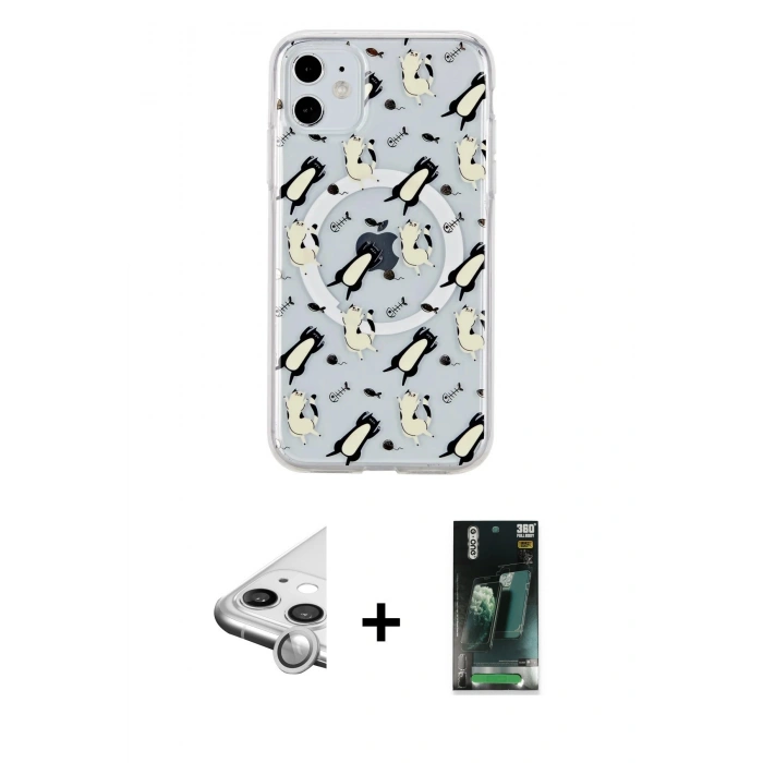 MARSİLYAN™- iPhone 11 Kılıf Pusula Form - Şeffaf 360 Full Body Arka Koruyucu + Raze Metal Kamera Lens - GS
