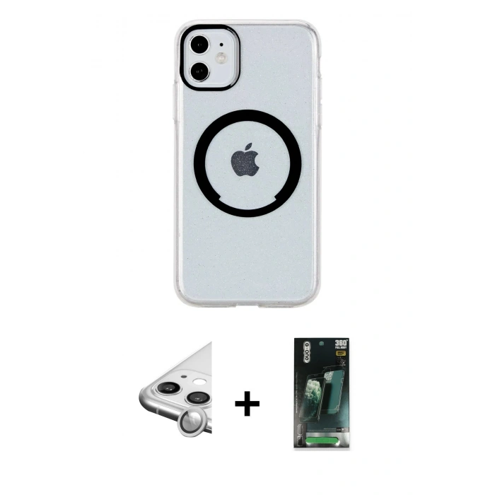 MARSİLYAN™- iPhone 11 Kılıf Pusula Form - Şeffaf 360 Full Body Arka Koruyucu + Raze Metal Kamera Lens - GS