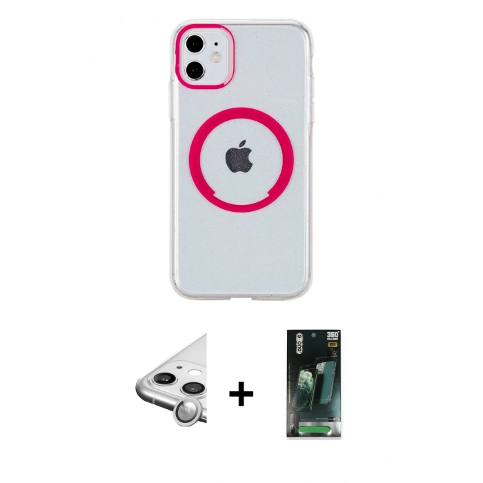 MARSİLYAN™- iPhone 11 Kılıf Pusula Form - Şeffaf 360 Full Body Arka Koruyucu + Raze Metal Kamera Lens - GS