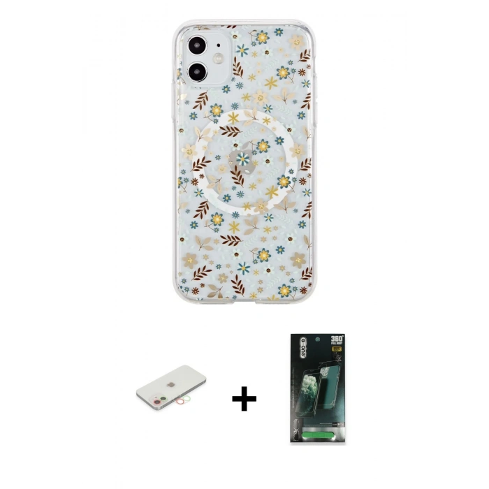 MARSİLYAN™- iPhone 11 Kılıf Pusula Form - Şeffaf 360 Full Body Arka Koruyucu + Renkli Kamera Lens Koruma Cam - YL