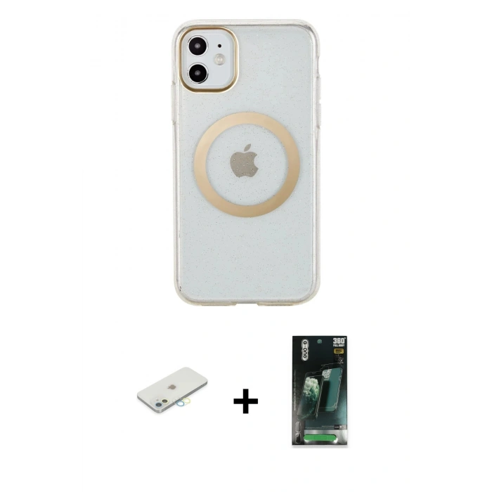 MARSİLYAN™- iPhone 11 Kılıf Pusula Form - Şeffaf 360 Full Body Arka Koruyucu + Renkli Kamera Lens Koruma Cam - SI