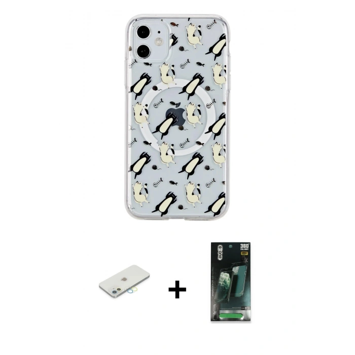 MARSİLYAN™- iPhone 11 Kılıf Pusula Form - Şeffaf 360 Full Body Arka Koruyucu + Renkli Kamera Lens Koruma Cam - SI