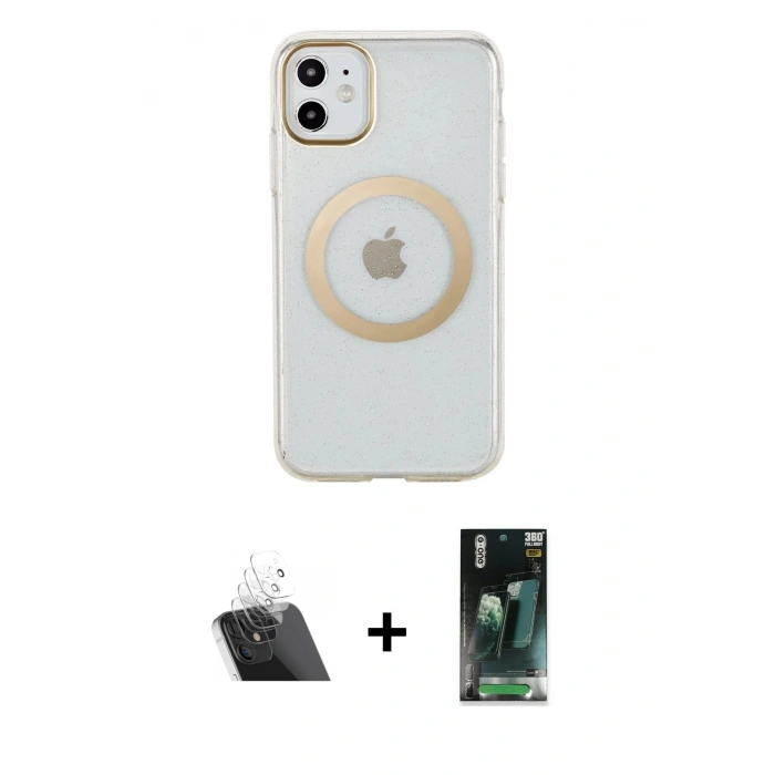 MARSİLYAN™- iPhone 11 Kılıf Pusula Form - Şeffaf 360 Full Body Arka Koruyucu + Kamera Lens Koruma Cam - SF