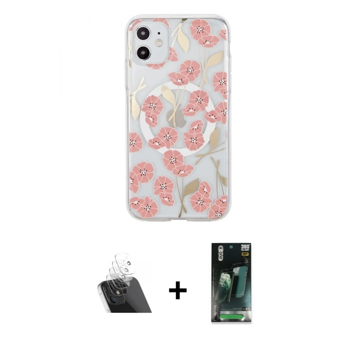 MARSİLYAN™- iPhone 11 Kılıf Pusula Form - Şeffaf 360 Full Body Arka Koruyucu + Kamera Lens Koruma Cam - SF