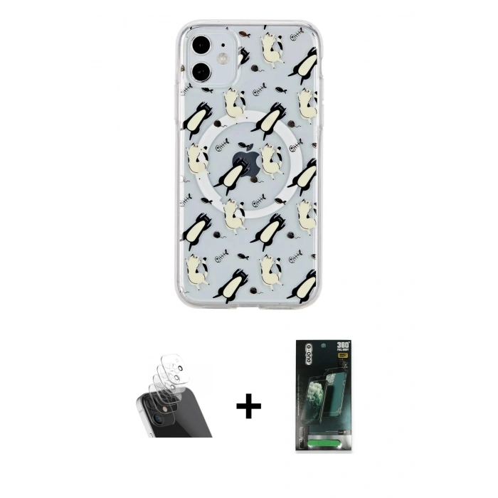 MARSİLYAN™- iPhone 11 Kılıf Pusula Form - Şeffaf 360 Full Body Arka Koruyucu + Kamera Lens Koruma Cam - SF