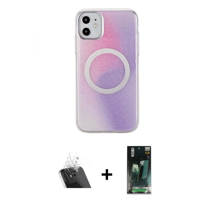 MARSİLYAN™- iPhone 11 Kılıf Pusula Form - Şeffaf 360 Full Body Arka Koruyucu + Kamera Lens Koruma Cam - SF