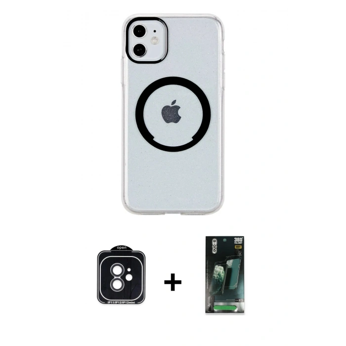 MARSİLYAN™- iPhone 11 Kılıf Pusula Form - Şeffaf 360 Full Body Arka Koruyucu + PVD Metal Kamera Lens - SH