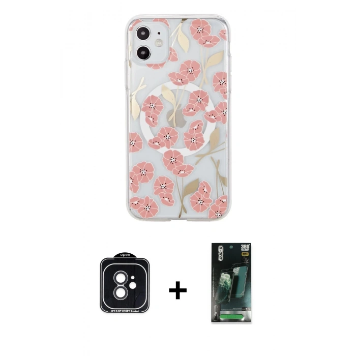 MARSİLYAN™- iPhone 11 Kılıf Pusula Form - Şeffaf 360 Full Body Arka Koruyucu + PVD Metal Kamera Lens - SH