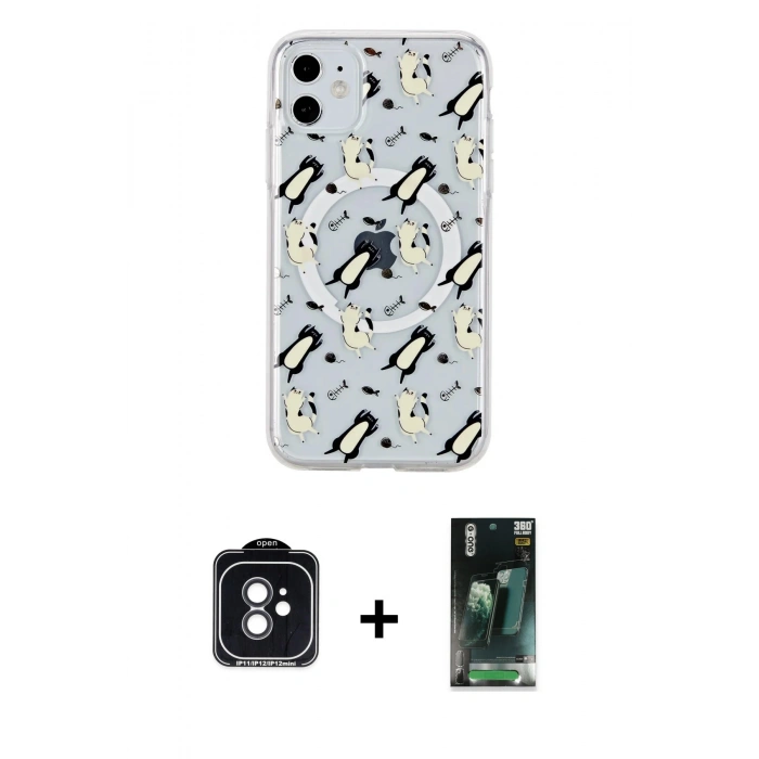 MARSİLYAN™- iPhone 11 Kılıf Pusula Form - Şeffaf 360 Full Body Arka Koruyucu + PVD Metal Kamera Lens - SH