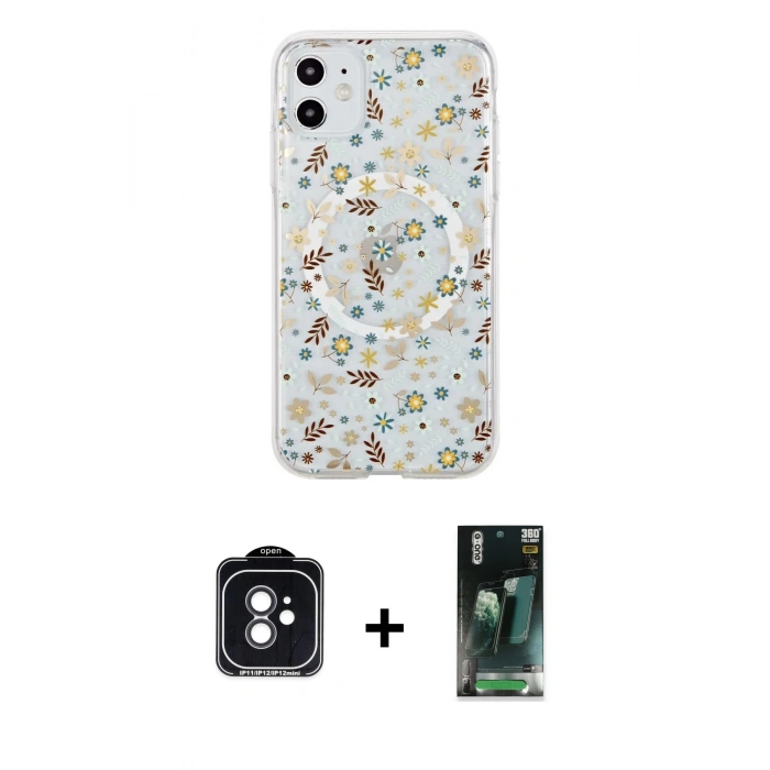 MARSİLYAN™- iPhone 11 Kılıf Pusula Form - Şeffaf 360 Full Body Arka Koruyucu + PVD Metal Kamera Lens - SH
