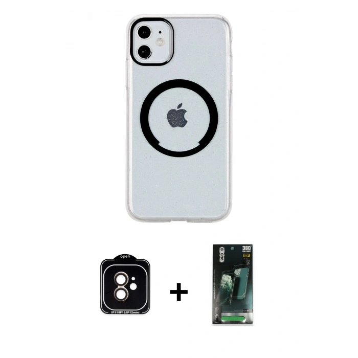 MARSİLYAN™- iPhone 11 Kılıf Pusula Form - Şeffaf 360 Full Body Arka Koruyucu + PVD Metal Kamera Lens - TU