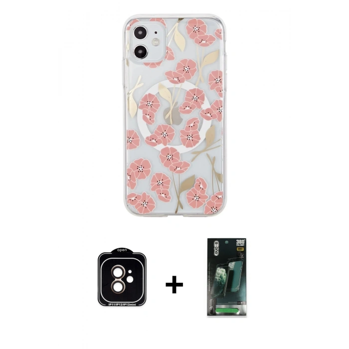 MARSİLYAN™- iPhone 11 Kılıf Pusula Form - Şeffaf 360 Full Body Arka Koruyucu + PVD Metal Kamera Lens - TU