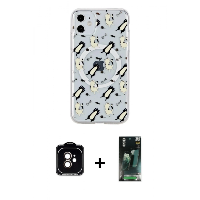 MARSİLYAN™- iPhone 11 Kılıf Pusula Form - Şeffaf 360 Full Body Arka Koruyucu + PVD Metal Kamera Lens - TU