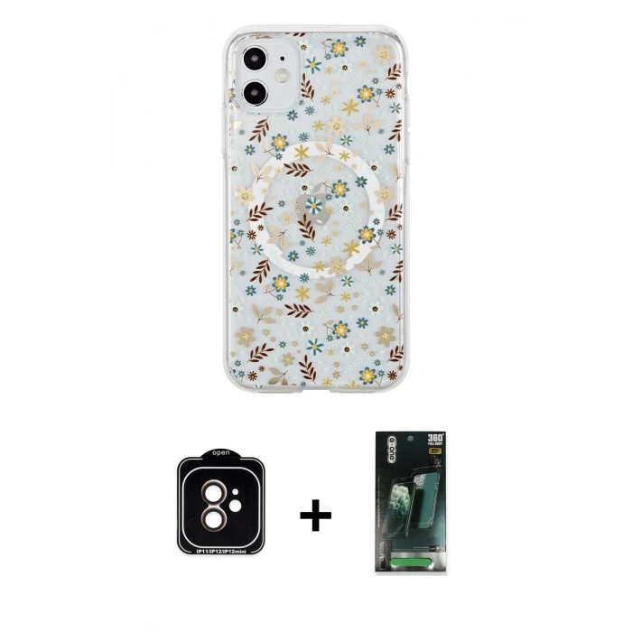 MARSİLYAN™- iPhone 11 Kılıf Pusula Form - Şeffaf 360 Full Body Arka Koruyucu + PVD Metal Kamera Lens - TU