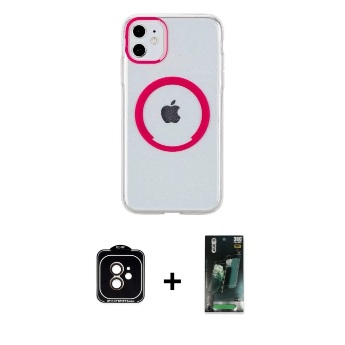 MARSİLYAN™- iPhone 11 Kılıf Pusula Form - Şeffaf 360 Full Body Arka Koruyucu + PVD Metal Kamera Lens - TU