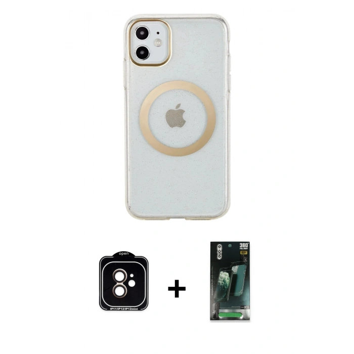 MARSİLYAN™- iPhone 11 Kılıf Pusula Form - Şeffaf 360 Full Body Arka Koruyucu + PVD Metal Kamera Lens - TU