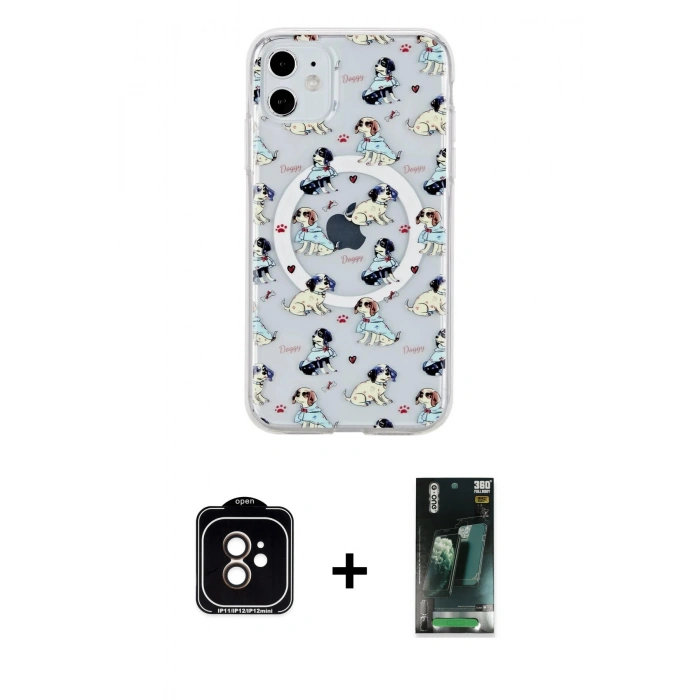 MARSİLYAN™- iPhone 11 Kılıf Pusula Form - Şeffaf 360 Full Body Arka Koruyucu + PVD Metal Kamera Lens - TU