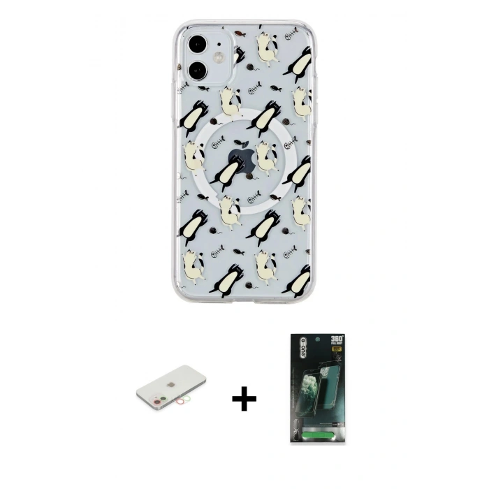 MARSİLYAN™- iPhone 11 Kılıf Pusula Form - Şeffaf 360 Full Body Arka Koruyucu + Renkli Kamera Lens Koruma Cam - YL