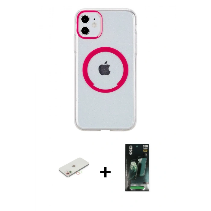 MARSİLYAN™- iPhone 11 Kılıf Pusula Form - Şeffaf 360 Full Body Arka Koruyucu + Renkli Kamera Lens Koruma Cam - YL