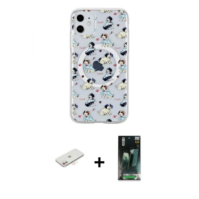 MARSİLYAN™- iPhone 11 Kılıf Pusula Form - Şeffaf 360 Full Body Arka Koruyucu + Renkli Kamera Lens Koruma Cam - YL