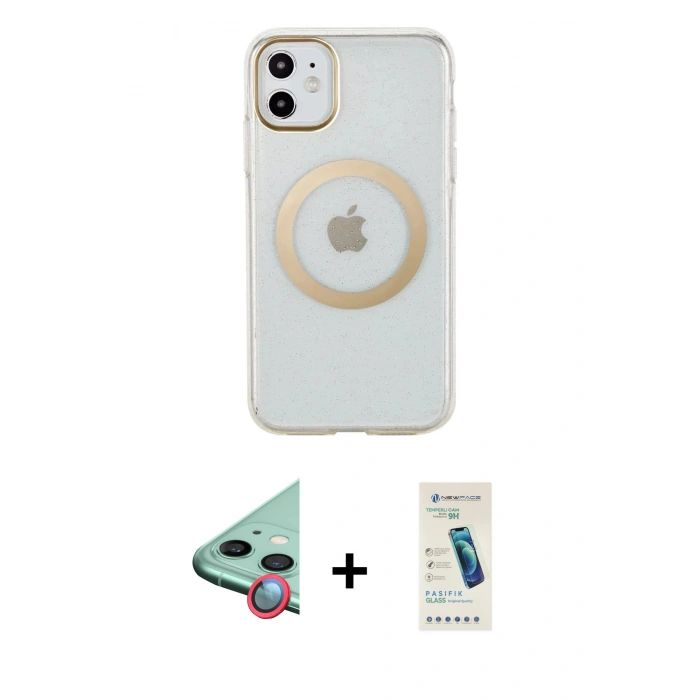 MARSİLYAN™- iPhone 11 Kılıf Pusula Form - Şeffaf Pasifik Cam Ekran Koruyucu + Raze Metal Kamera Lens - KI