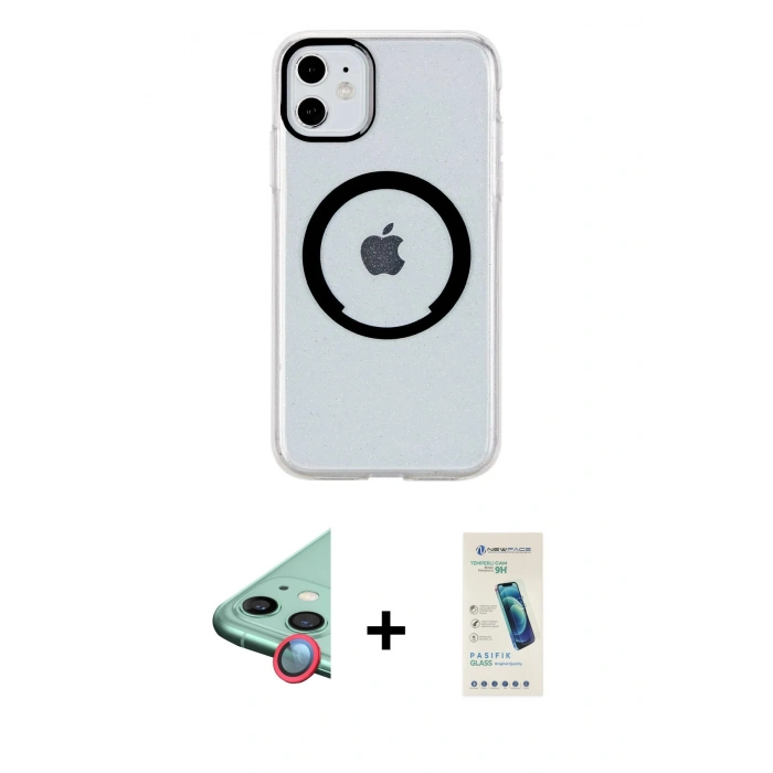 MARSİLYAN™- iPhone 11 Kılıf Pusula Form - Şeffaf Pasifik Cam Ekran Koruyucu + Raze Metal Kamera Lens - KI