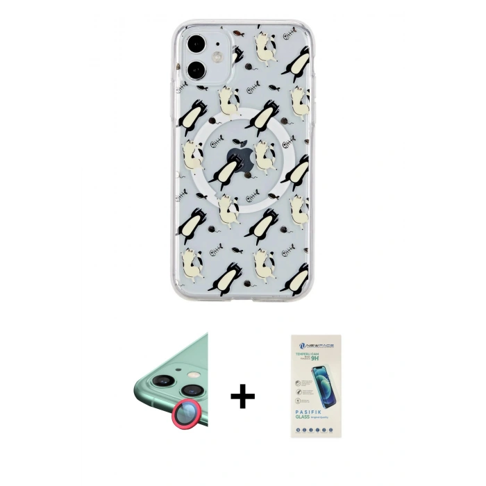 MARSİLYAN™- iPhone 11 Kılıf Pusula Form - Şeffaf Pasifik Cam Ekran Koruyucu + Raze Metal Kamera Lens - KI