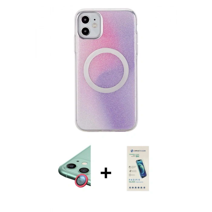 MARSİLYAN™- iPhone 11 Kılıf Pusula Form - Şeffaf Pasifik Cam Ekran Koruyucu + Raze Metal Kamera Lens - KI