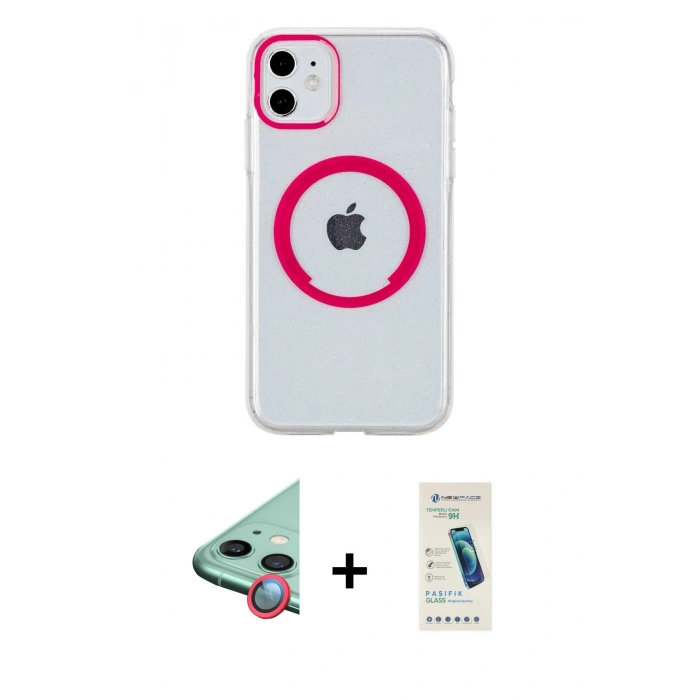 MARSİLYAN™- iPhone 11 Kılıf Pusula Form - Şeffaf Pasifik Cam Ekran Koruyucu + Raze Metal Kamera Lens - KI