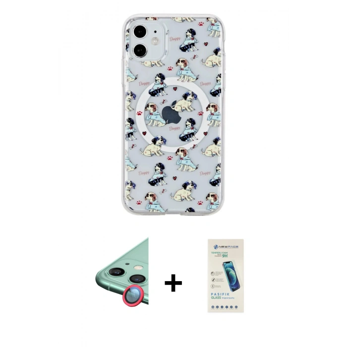 MARSİLYAN™- iPhone 11 Kılıf Pusula Form - Şeffaf Pasifik Cam Ekran Koruyucu + Raze Metal Kamera Lens - KI