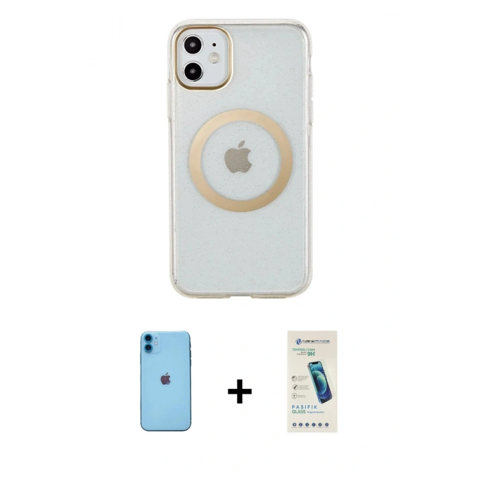 MARSİLYAN™- iPhone 11 Kılıf Pusula Form - Şeffaf Pasifik Cam Ekran Koruyucu + Neon Fosforlu Kamera Lens - MI