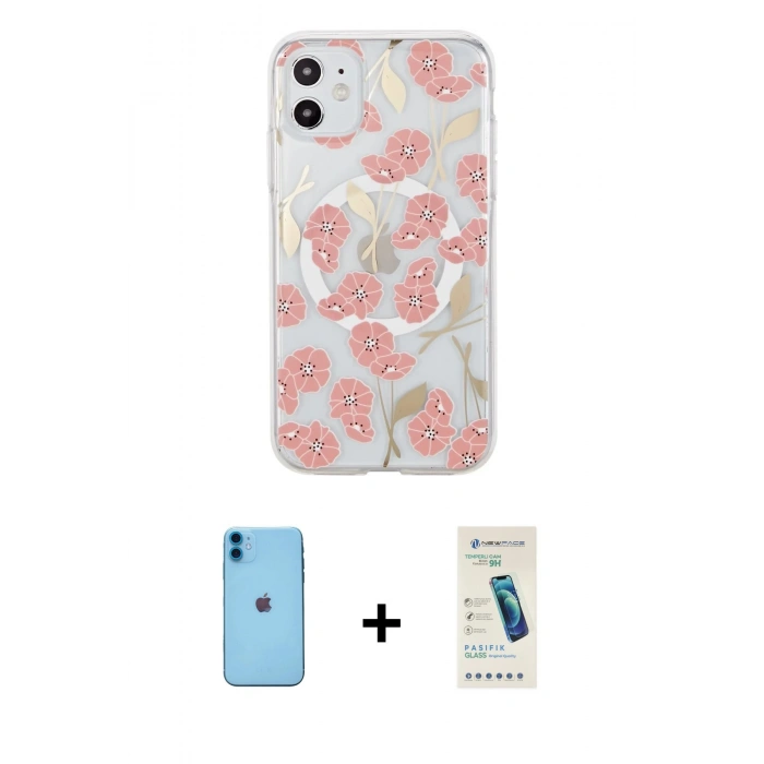 MARSİLYAN™- iPhone 11 Kılıf Pusula Form - Şeffaf Pasifik Cam Ekran Koruyucu + Neon Fosforlu Kamera Lens - MI