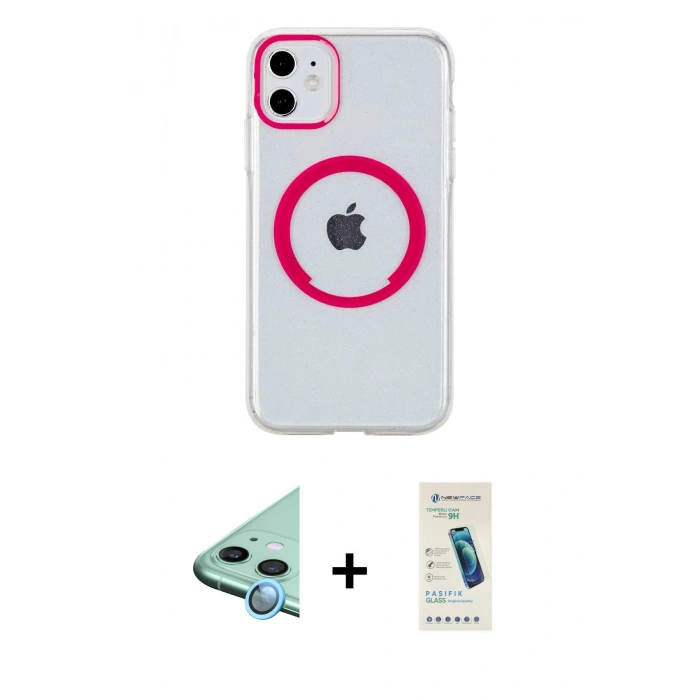 MARSİLYAN™- iPhone 11 Kılıf Pusula Form - Şeffaf Pasifik Cam Ekran Koruyucu + Raze Metal Kamera Lens - MI
