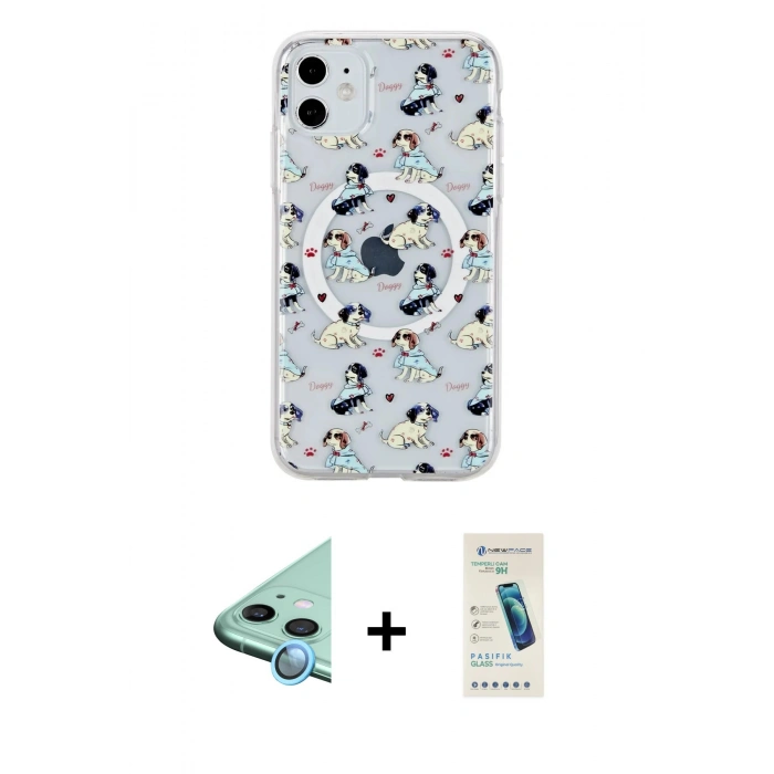 MARSİLYAN™- iPhone 11 Kılıf Pusula Form - Şeffaf Pasifik Cam Ekran Koruyucu + Raze Metal Kamera Lens - MI