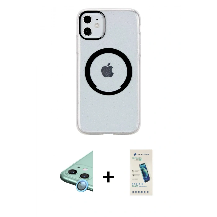 MARSİLYAN™- iPhone 11 Kılıf Pusula Form - Şeffaf Pasifik Cam Ekran Koruyucu + Raze Metal Kamera Lens - MI