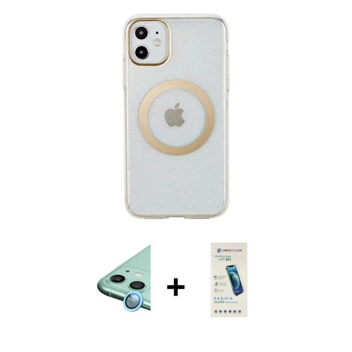 MARSİLYAN™- iPhone 11 Kılıf Pusula Form - Şeffaf Pasifik Cam Ekran Koruyucu + Raze Metal Kamera Lens - MI