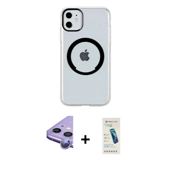 MARSİLYAN™- iPhone 11 Kılıf Pusula Form - Şeffaf Pasifik Cam Ekran Koruyucu + Mor Raze Metal Kamera Lens