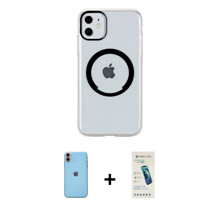 MARSİLYAN™- iPhone 11 Kılıf Pusula Form - Şeffaf Pasifik Cam Ekran Koruyucu + Neon Fosforlu Kamera Lens - TU