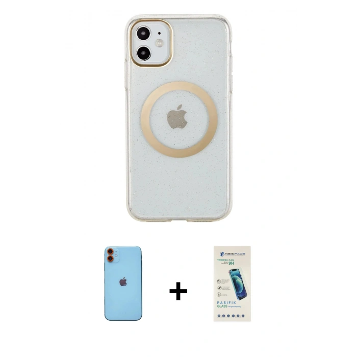 MARSİLYAN™- iPhone 11 Kılıf Pusula Form - Şeffaf Pasifik Cam Ekran Koruyucu + Neon Fosforlu Kamera Lens - TU