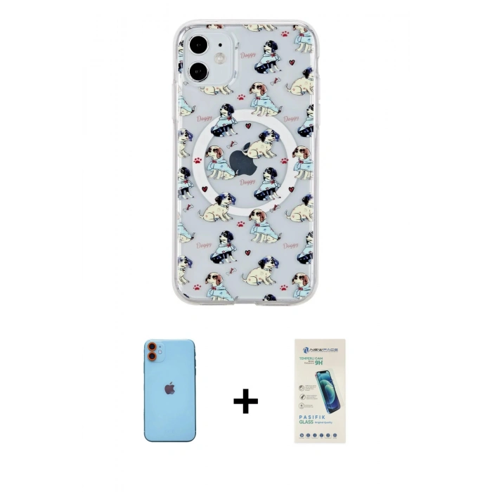 MARSİLYAN™- iPhone 11 Kılıf Pusula Form - Şeffaf Pasifik Cam Ekran Koruyucu + Neon Fosforlu Kamera Lens - TU
