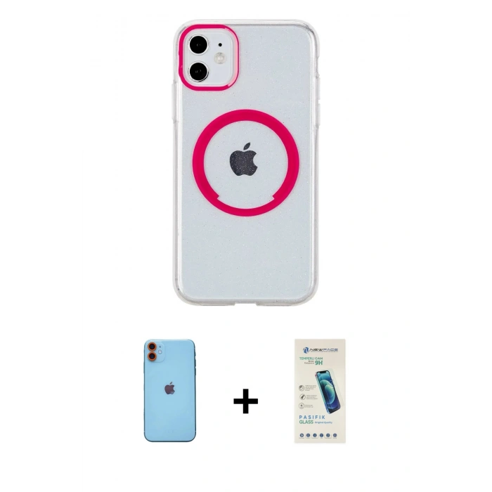 MARSİLYAN™- iPhone 11 Kılıf Pusula Form - Şeffaf Pasifik Cam Ekran Koruyucu + Neon Fosforlu Kamera Lens - TU