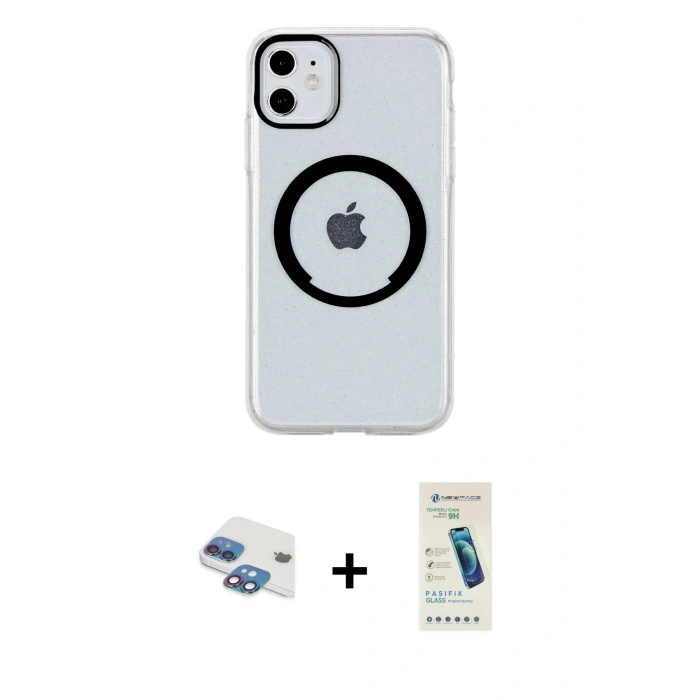 MARSİLYAN™- iPhone 11 Kılıf Pusula Form - Şeffaf Pasifik Cam Ekran Koruyucu + Pers Alüminyum Kamera Lens - GI