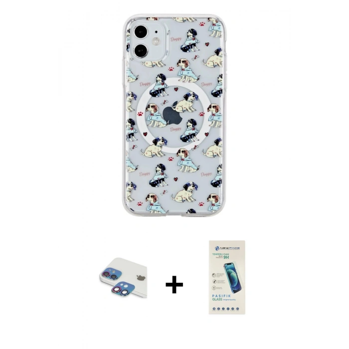MARSİLYAN™- iPhone 11 Kılıf Pusula Form - Şeffaf Pasifik Cam Ekran Koruyucu + Pers Alüminyum Kamera Lens - GI