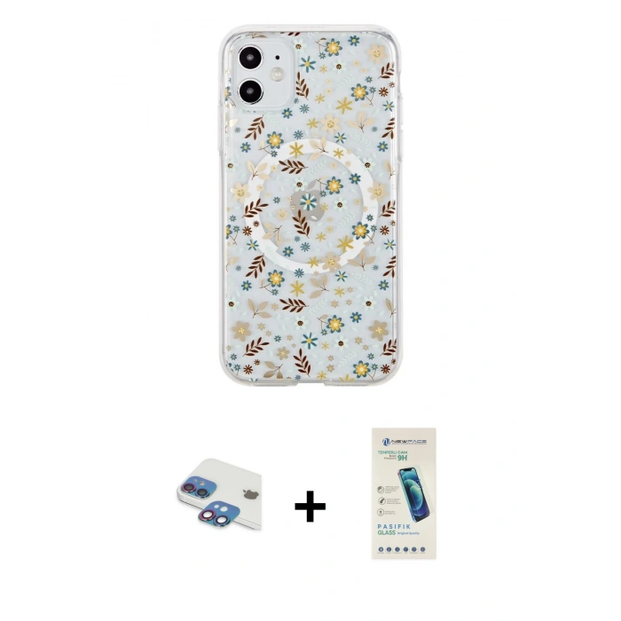 MARSİLYAN™- iPhone 11 Kılıf Pusula Form - Şeffaf Pasifik Cam Ekran Koruyucu + Pers Alüminyum Kamera Lens - GI