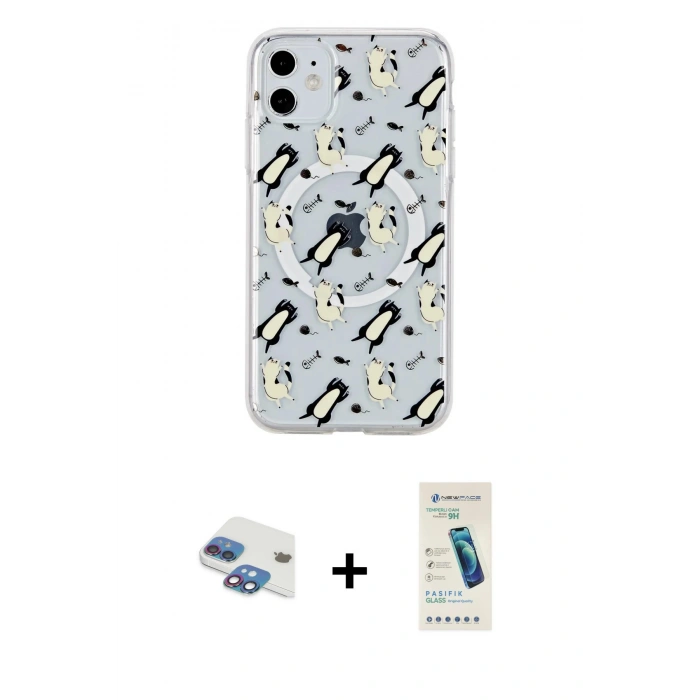 MARSİLYAN™- iPhone 11 Kılıf Pusula Form - Şeffaf Pasifik Cam Ekran Koruyucu + Pers Alüminyum Kamera Lens - GI