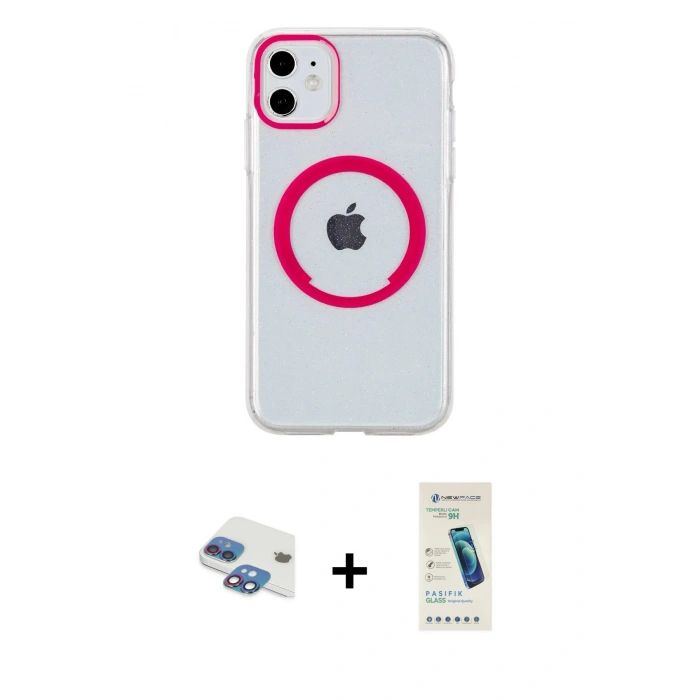 MARSİLYAN™- iPhone 11 Kılıf Pusula Form - Şeffaf Pasifik Cam Ekran Koruyucu + Pers Alüminyum Kamera Lens - GI