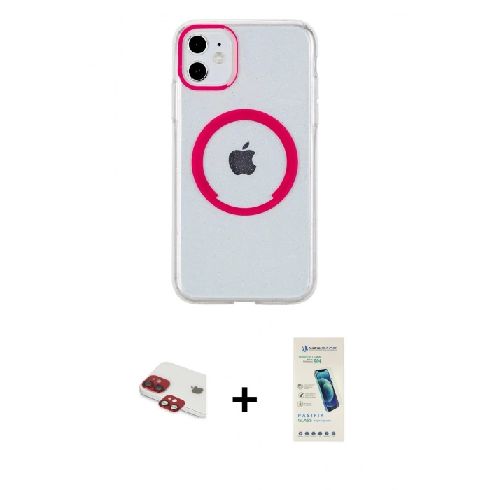 MARSİLYAN™- iPhone 11 Kılıf Pusula Form - Şeffaf Pasifik Cam Ekran Koruyucu + Pers Alüminyum Kamera Lens - KI